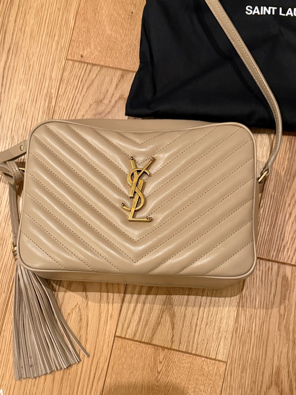 Saint Laurent Beige Quilted Lou Camera Bag with Tassel